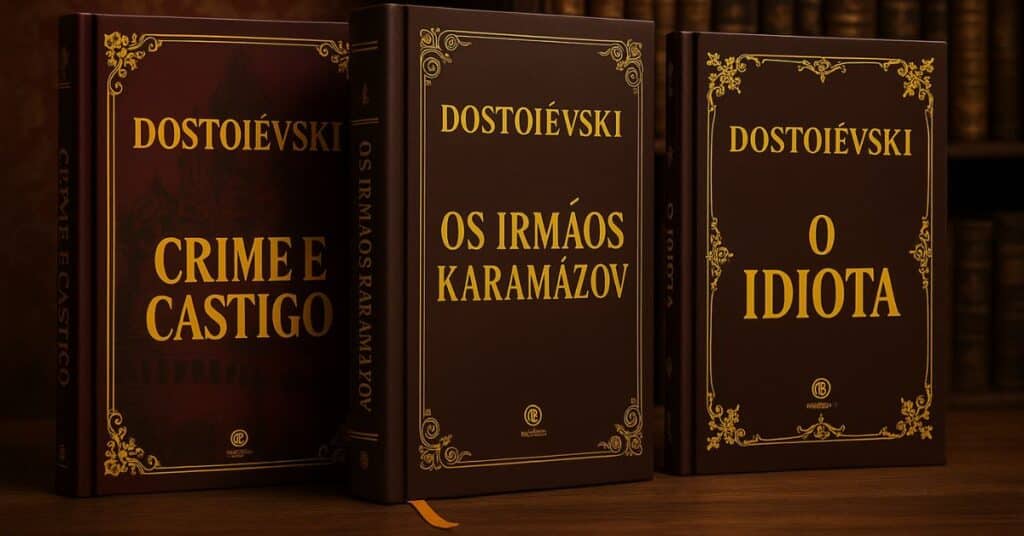 3 livros de Dostoievski em cima de uma mesa