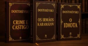 3 livros de Dostoievski em cima de uma mesa