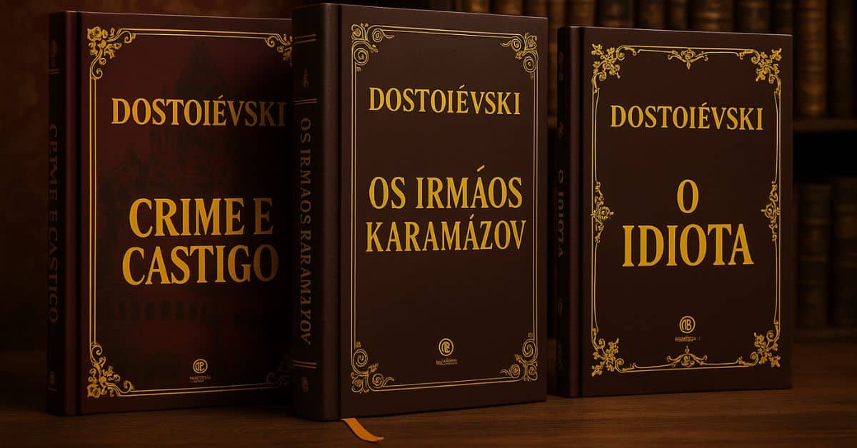 3 livros de Dostoievski em cima de uma mesa