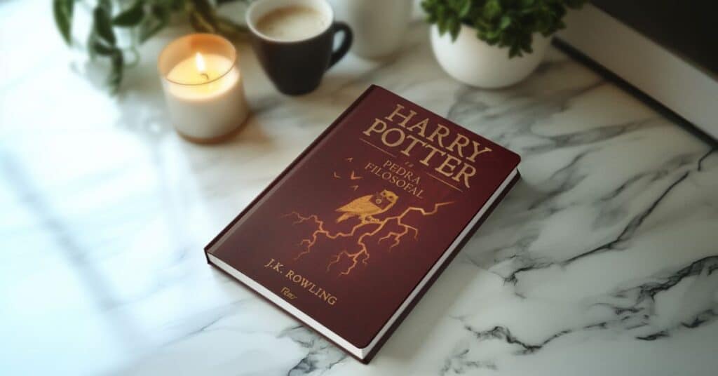 livro harry potter e a pedra filosofal sobre uma mesa de pedra ao lado de uma vela e uma xícara de café