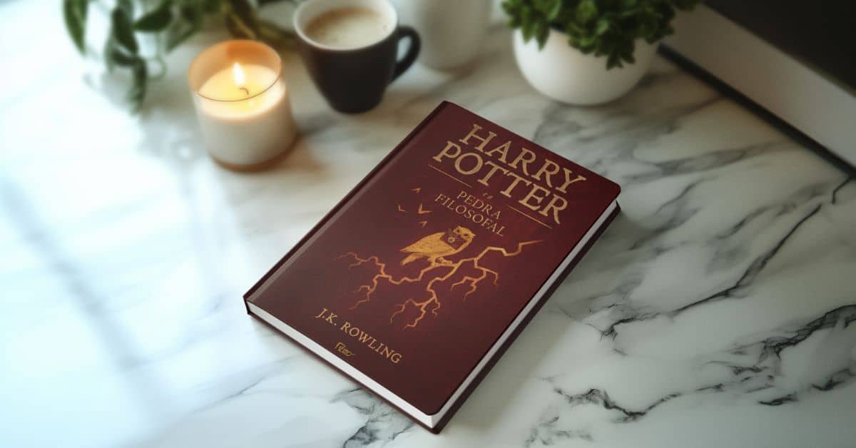 livro harry potter e a pedra filosofal sobre uma mesa de pedra ao lado de uma vela e uma xícara de café