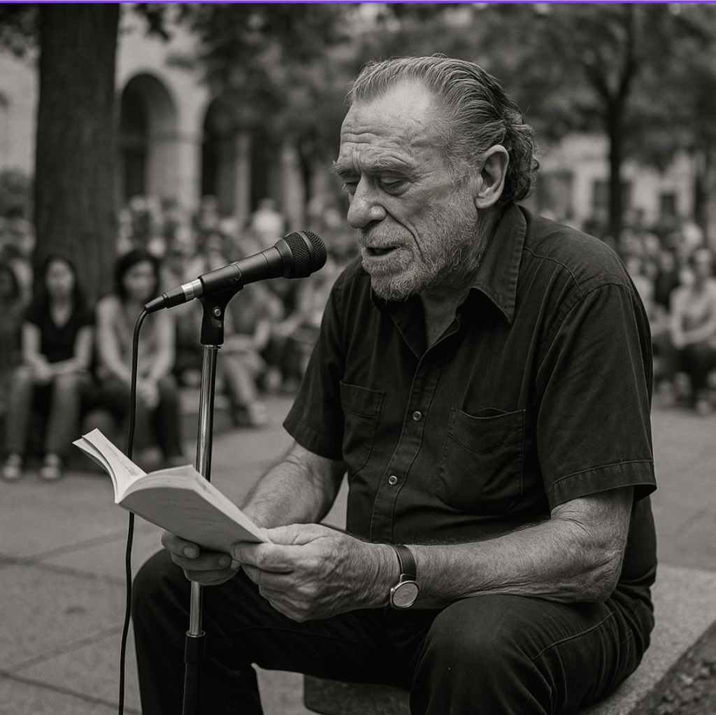 Bukowski lendo poemas em uma praca